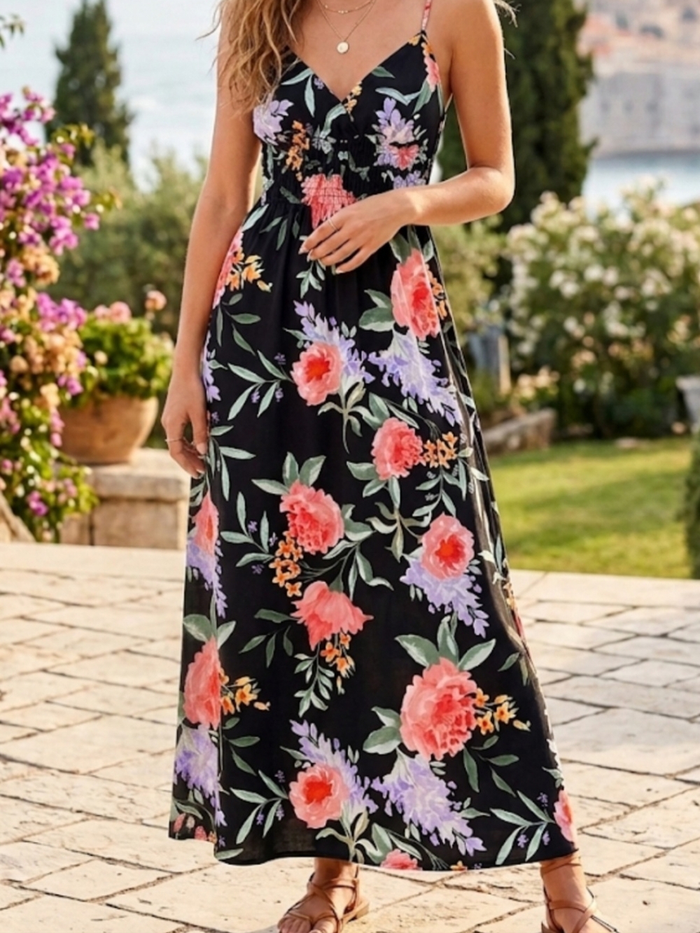 Absolutely Black Floral Spaghetti Strap Dress with Green Leaves